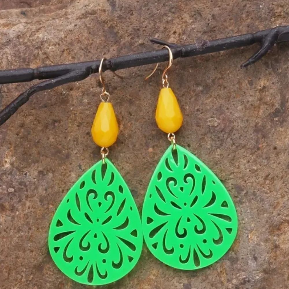 Green boho style dangle earrings